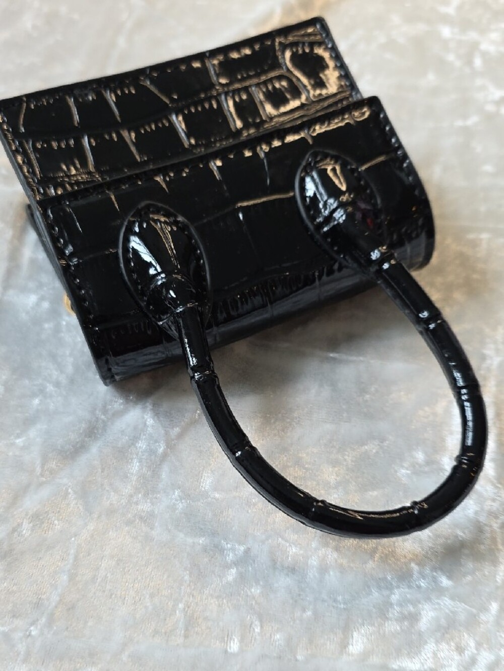 NWOT Black Croc-Embossed Patent Top-Handle Mini Bag - Picture 7 of 8